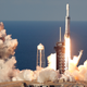 A SpaceX Falcon Heavy launching a communications satellite from Kennedy Space Center in Cape Canaveral, April 2019.